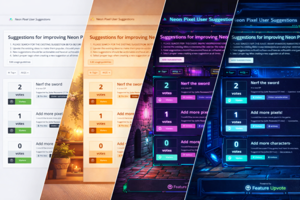 Feature Upvote board shown in four different visual styles: default, cozy, retro neon, and futuristic.