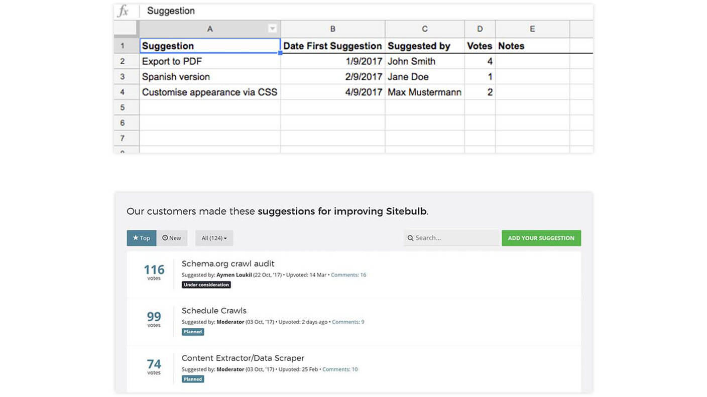 Managing features manually (top) vs using feature request software (bottom)