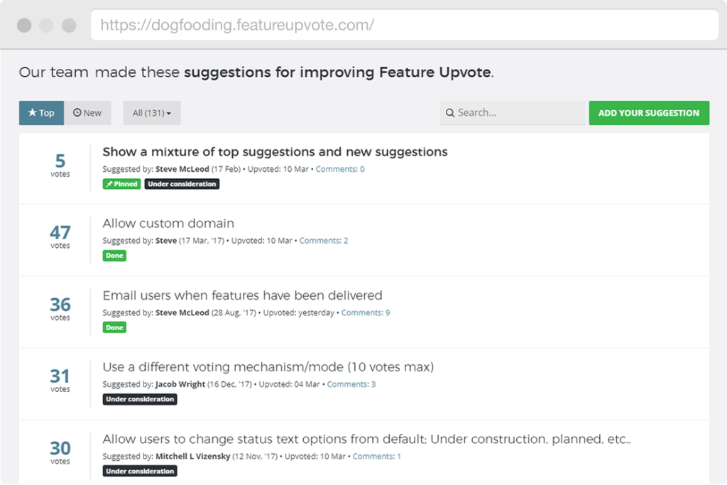 example screenshot of a Feature Upvote board