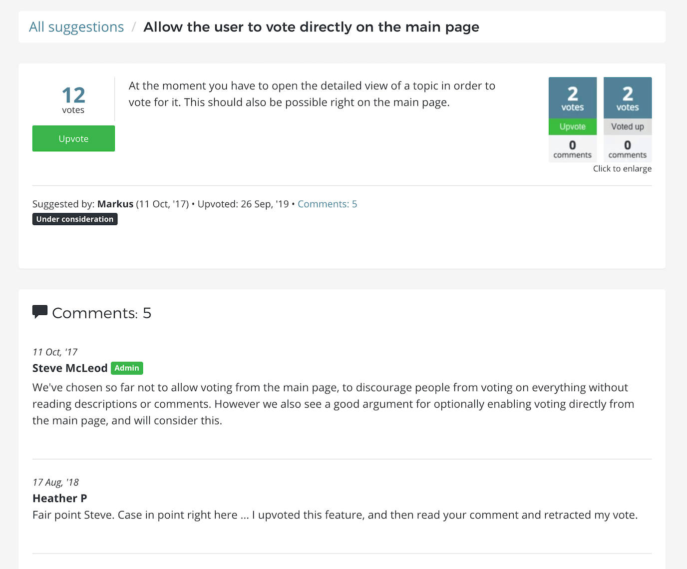 Admin comments on a Feature Upvote feature request