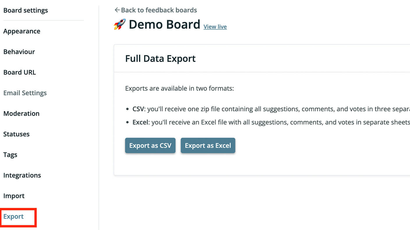 Feature voting tool's one-click data export