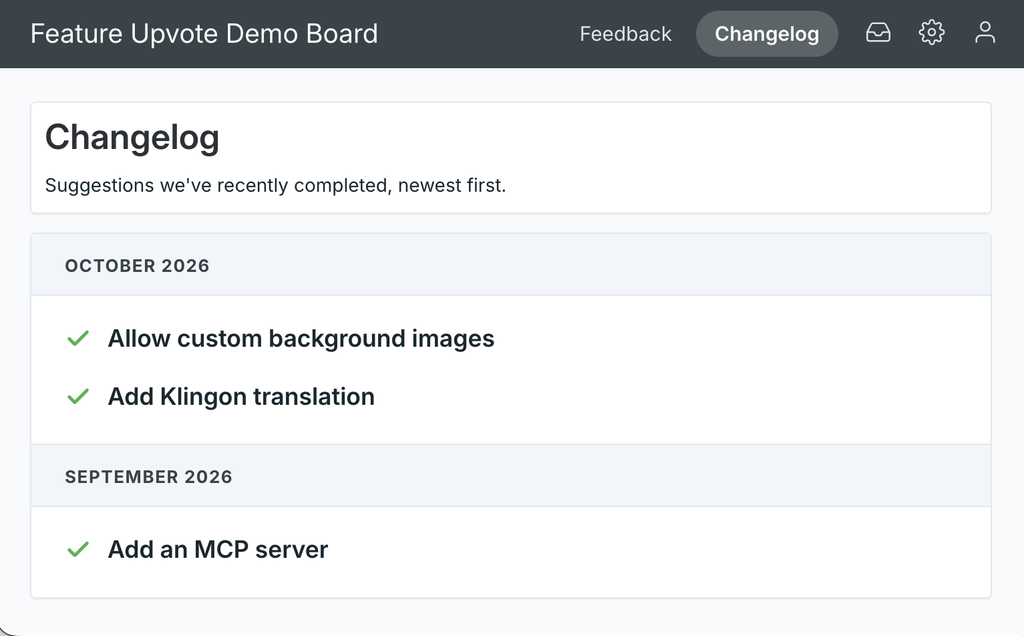 Our new changelog feature in action on our demo board.