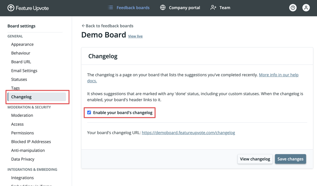 The changelog settings page.