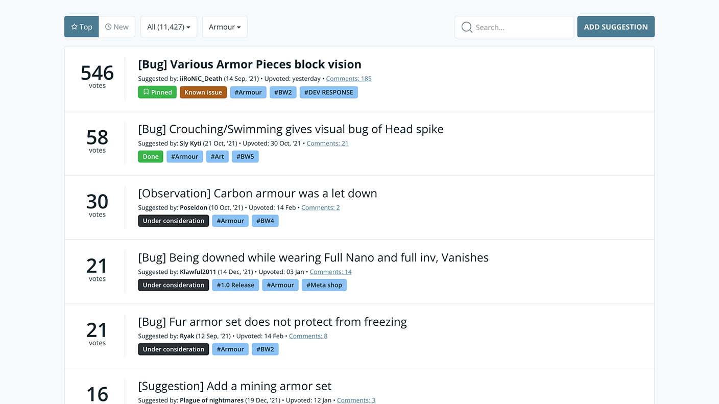 All suggestions tagged "armour" in a single view