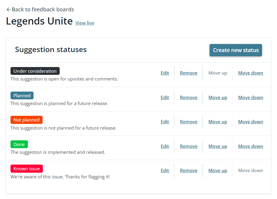 Screenshot of a feedback board