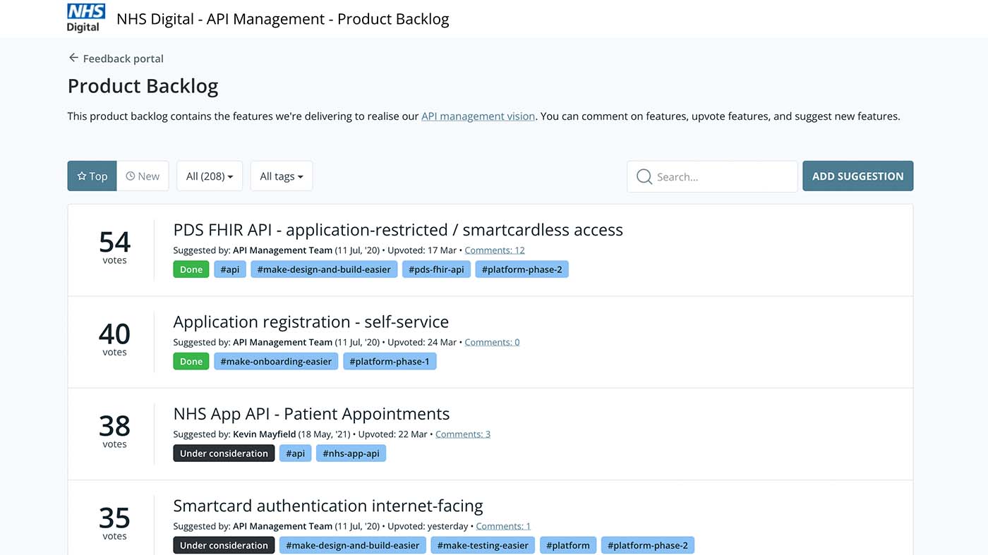 NHS Digital API feedback board