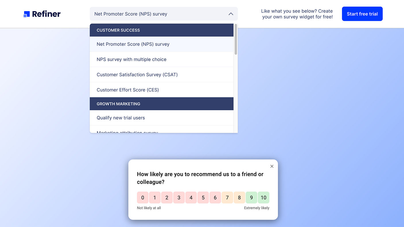 Refiner customer feedback NPS form screenshot