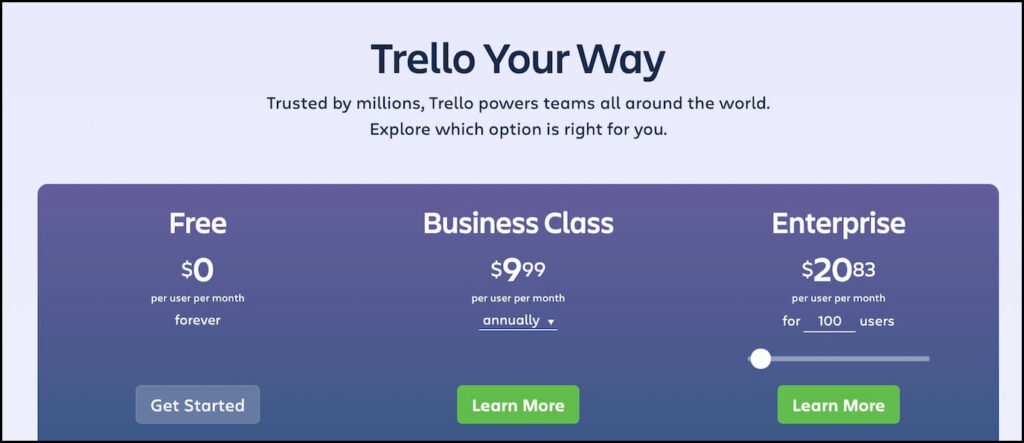 screenshot of Trello pricing page