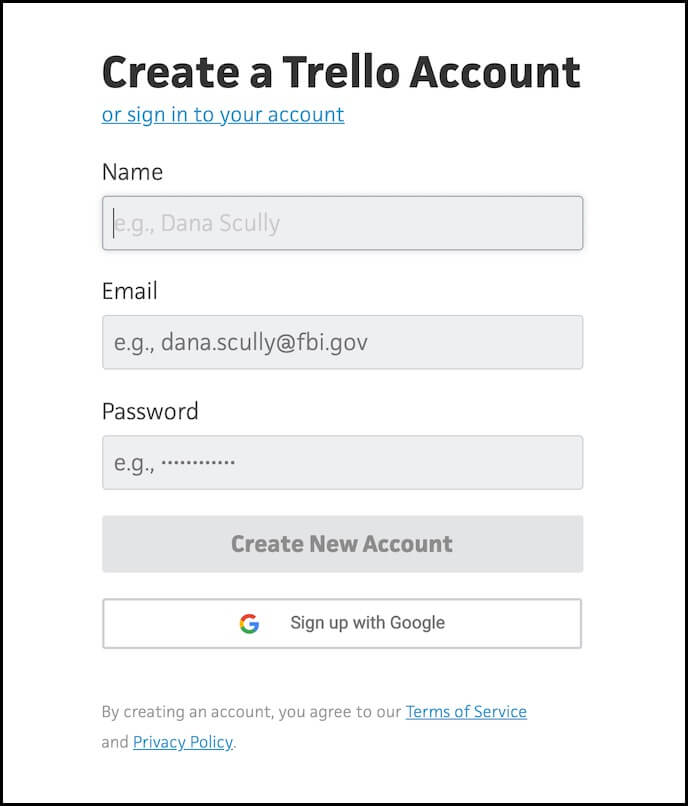 screenshot of signup screen